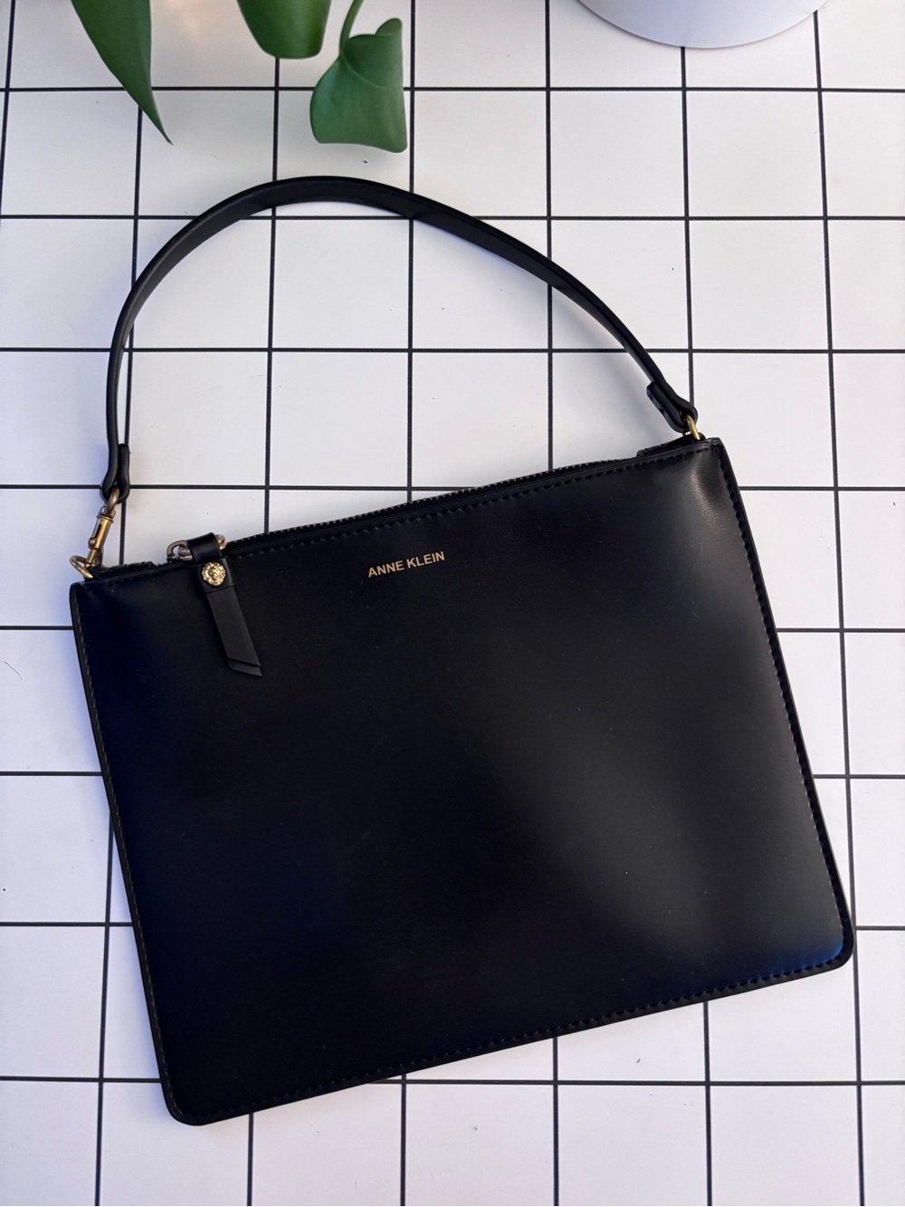 Slim Anne Klein Black Leather Top-Handle Wristlet